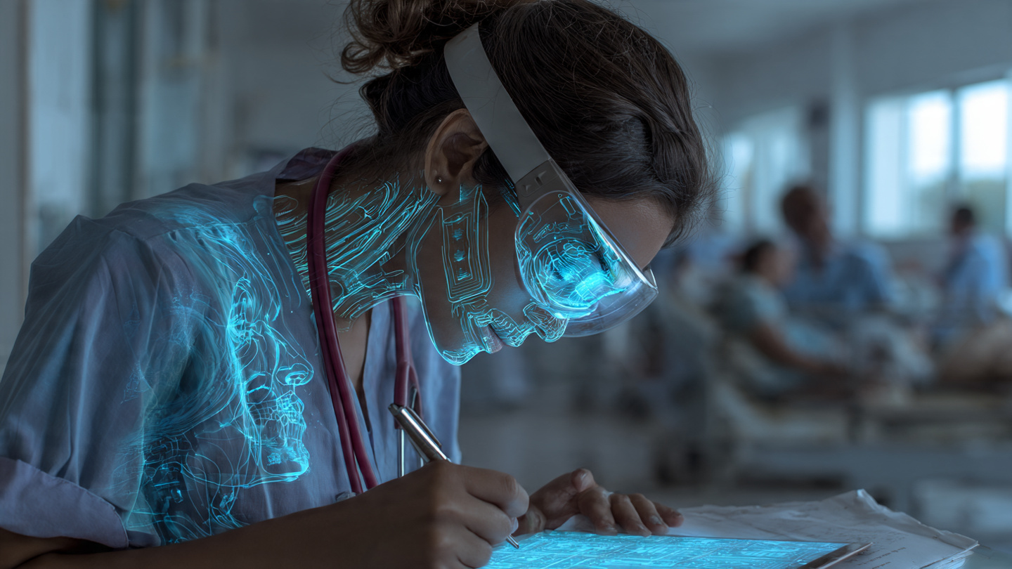 Doctor with a holographic AI scribe in an Indian OPD